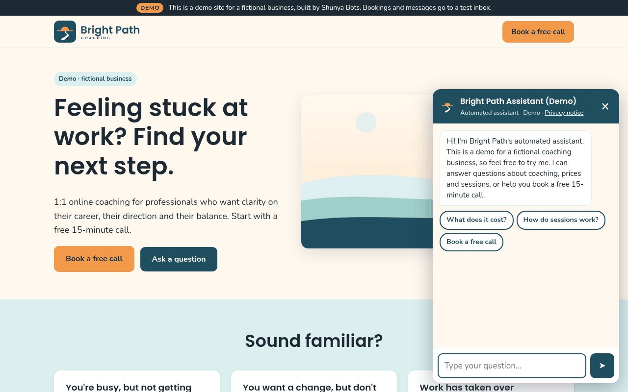 Screenshot of the Bright Path Coaching demo page showing the chat assistant's opening message, labelled Demo